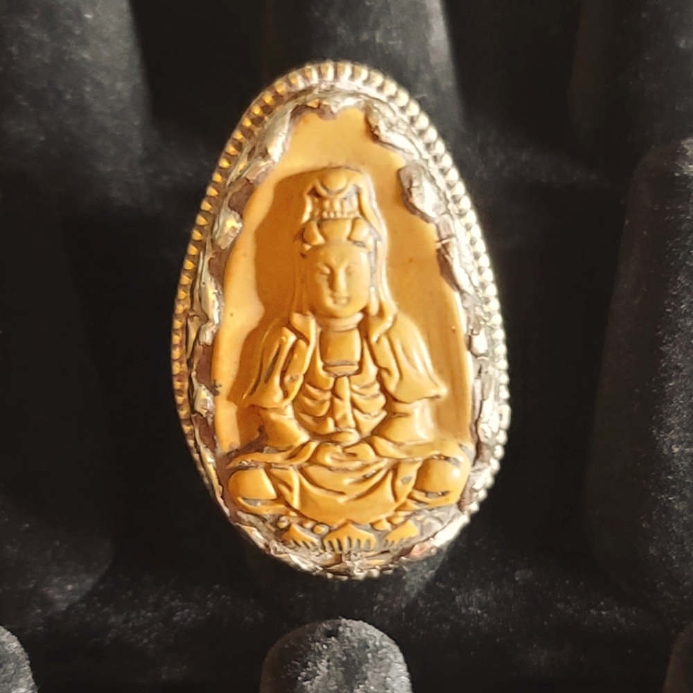 Large Sterling Silver Hand Carved Tibetan Goddess Buddah Ring - Unisex